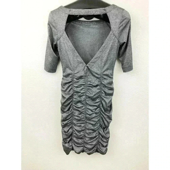 Dark Silver Draped Key Hole Back ¾ Sleeves Form Fitted Dress SMALL Bodycon - Picture 2 of 6